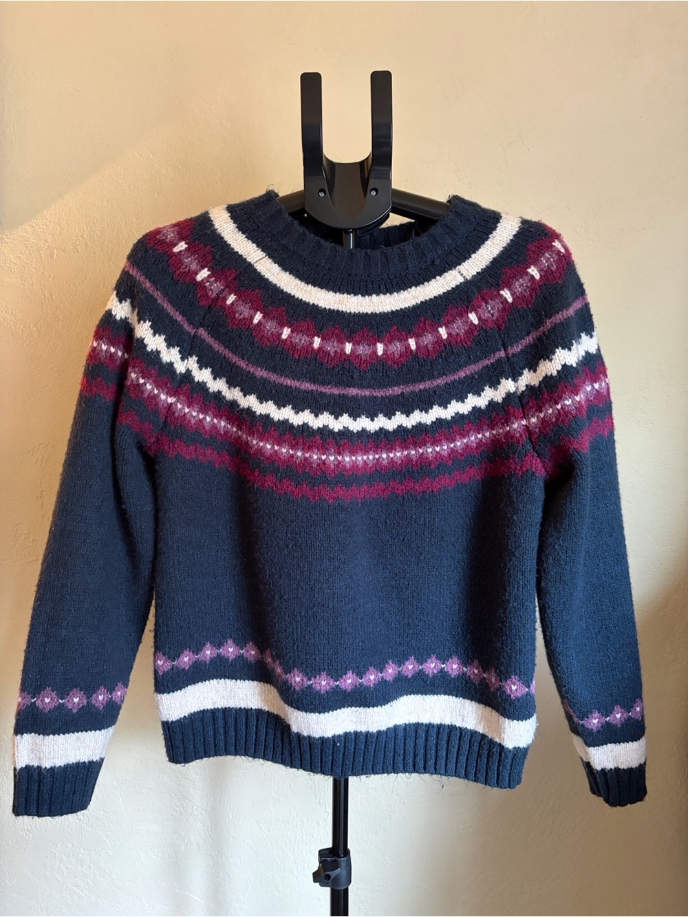Lucky Brand Navy Fair Isle Crewneck Sweater with Burgundy and White Accents